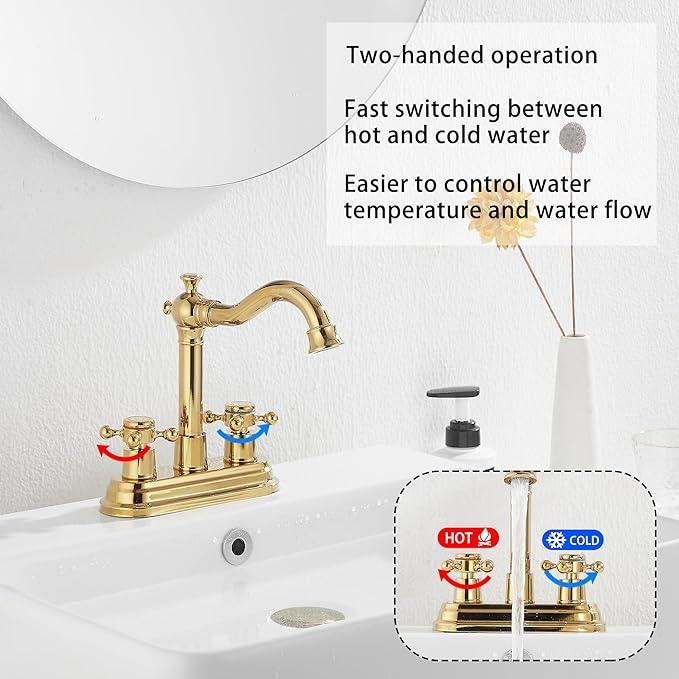 Bathroom Faucet Polished Gold GGStudy 2 Handles 4 Inches Centerset Bathroom Vanity with Drain Assembly and Supply Hose Lavatory Faucet Mixer Double Handle Tap - ModernBath