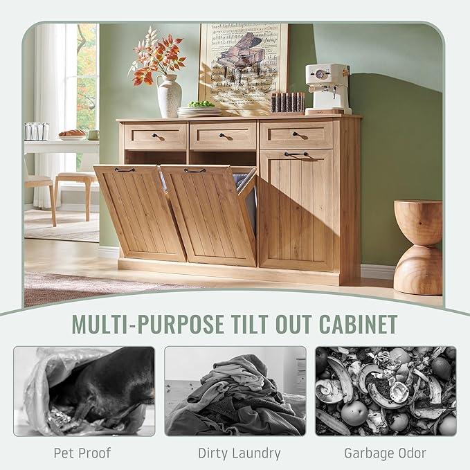 Triple Tilt Out Laundry Hamper Cabinet, 20 Gallon Farmhouse Trash Can Cabinet w/Drawer & Adjustable Shelf, Hidden Garbage Can Bin Cabinets w/Laundry Basket for Bathroom, Kitchen (Natural) - ModernBath