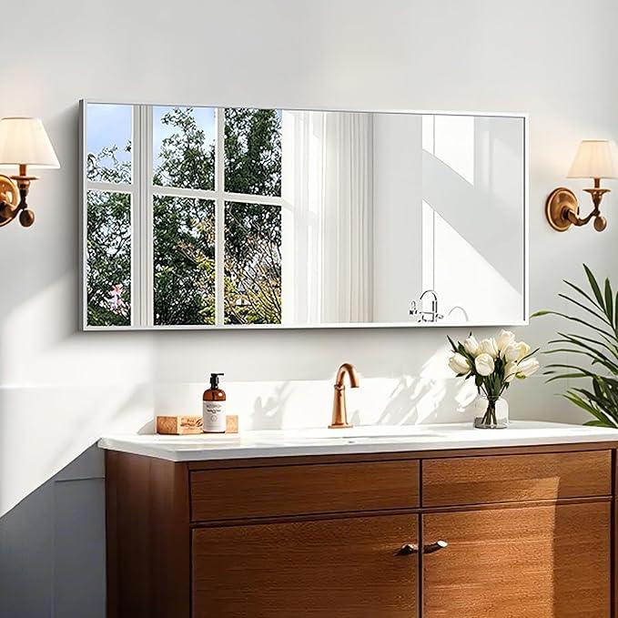 KOCUUY Silver Bathroom Mirror, 48"x24" Rectangle Bathroom Mirror for Wall, HD Tempered Glass, Anti-Rust Brushed Silver Frame, Modern Design for Bathroom, Bedroom, Living Room, Entryway. - ModernBath