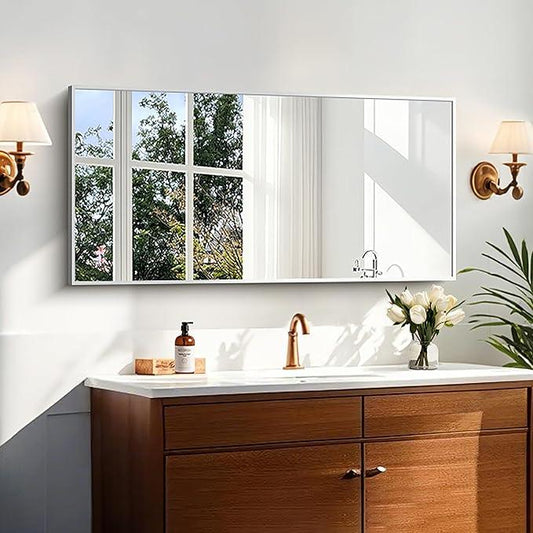 KOCUUY Silver Bathroom Mirror, 48"x24" Rectangle Bathroom Mirror for Wall, HD Tempered Glass, Anti-Rust Brushed Silver Frame, Modern Design for Bathroom, Bedroom, Living Room, Entryway. - ModernBath