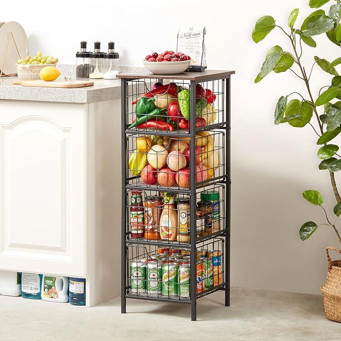 5-Tier FreeStanding Storage Shelves with 4 Pull-Out Baskets,Bathroom Organizer Shelves Unit with WoodTop,Fruit Basket for Kitchen,Storage Tower Organizer Basket Cart for Bathroom，Black - ModernBath