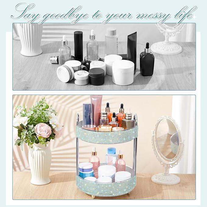 Honeydak 360 Rotating Perfume Organizer Rhinestone Bathroom Counter Organizer Makeup Holder with 2 Tiers Skincare and Perfume Storage, Large Capacity Vanity Storage for Cosmetic Countertop Decor - ModernBath