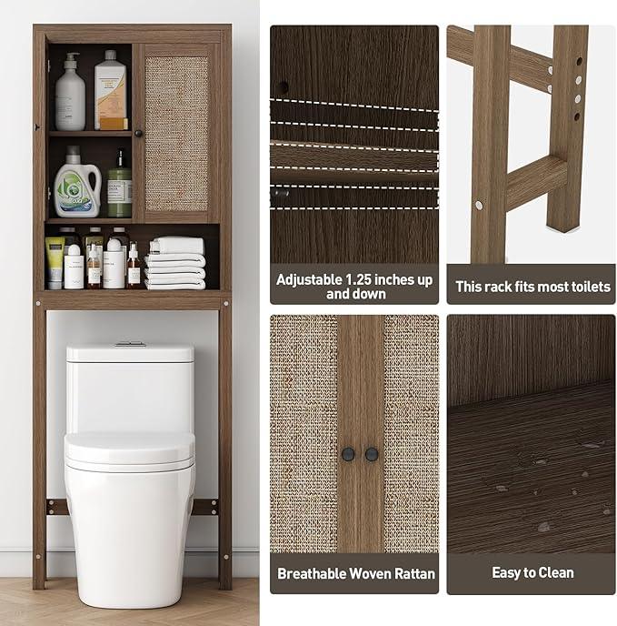 knoworld Rattan Over The Toilet Storage Cabinet, Above Toilet Bathroom Organizer with Adjustable Shelf, Behind Toilet Cabinet, Space Saver for Restroom, Bathroom, Laundry, Caramel Oak - ModernBath