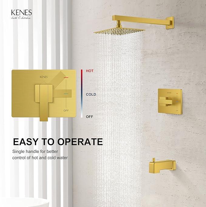 KENES Brushed Gold Tub and Shower Trim Kit, Square Tub Shower Faucet Set Complete with 10-Inch Rainfall Shower Head and Tub Spout, KE-6024A-4 (Shower Valve Included) - ModernBath