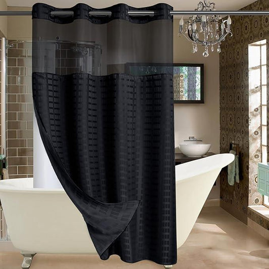 Conbo Mio Stall No Hook Shower Curtain with Snap in Liner Set, Hotel Luxury Black Shower Curtains for Bathroom with See Through Top Window, Waterproof, Washable 54W x 74H - ModernBath