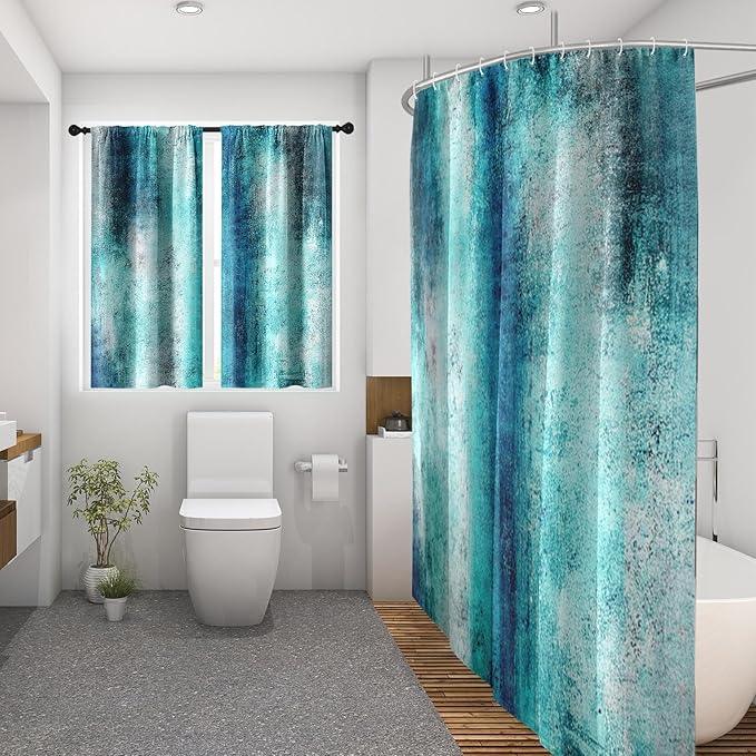 Culudea Turquoise Teal Grey Gray Waffle Textured Cloth Shower Curtain Set, Painting Abstract Modern Art Bathroom Window Waterproof Shower Curtains for Bathroom Decor - ModernBath