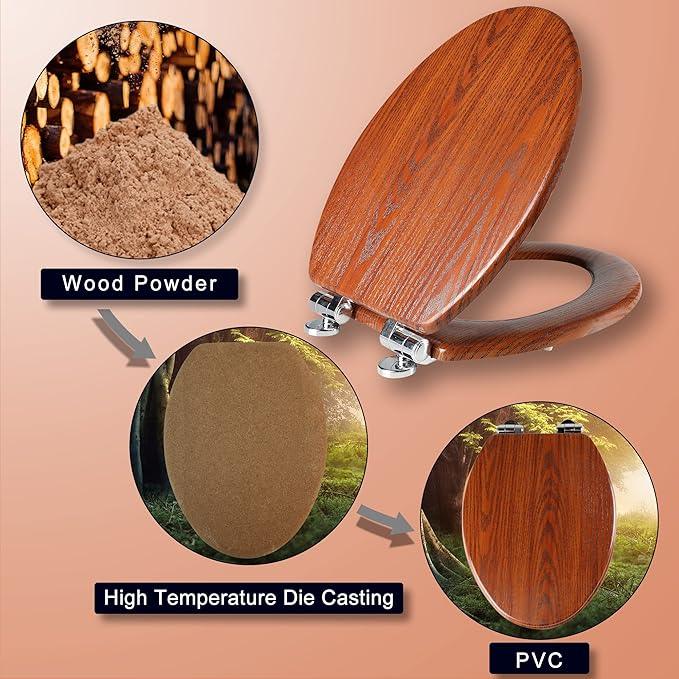 Elongated Toilet Seat Molded Wood Toilet Seat with Quietly Close and Quick Release Hinges, Easy to Install also Easy to Clean by Angol Shiold (Elongated, Brownish Yellow) - ModernBath