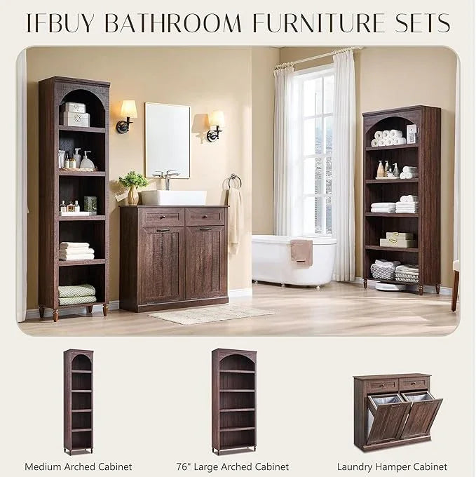 76" Tall Arched Bathroom Storage Cabinet, 5 Tiers Narrow Farmhouse Arched Cabinet w/Adjustable Shelves, Modern Wooden Storage Cabinet for Bathroom, Living Room, Entryway, Study Room (Brown) - ModernBath