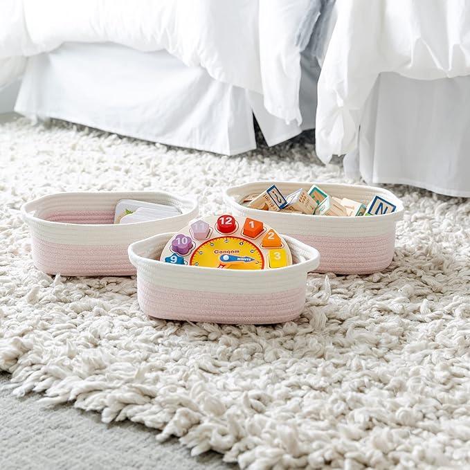 NaturalCozy 5-Piece Rectangle Storage Basket Set- Natural Cotton Rope Woven Baskets for Organizing! Small Basket for Montessori, Baby Nursery, Dog Toy Baskets, Cat Toy Box, Bathroom Organization Bin - ModernBath