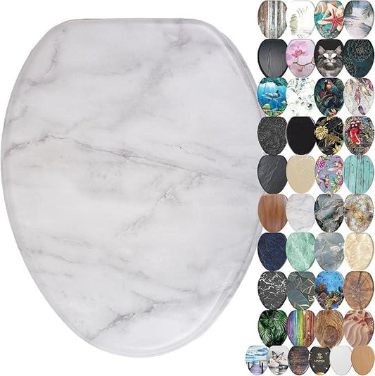 SANILO Wooden Toilet Seat with Soft Close [ELONGATED] - Decorative, Quiet & Slow Close Molded Wood Seat - With Strong Bumpers & Hinges - Adjustable Fit - Marble - ModernBath