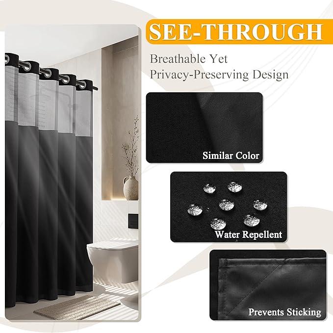 Jowels No Hooks Needed Linen Shower Curtain and Liner Set,Black Hotel Luxury Decor Shower Curtains for Bathroom with See Through Top Window,Water Resistant Fabric,72Wx72L,Black - ModernBath