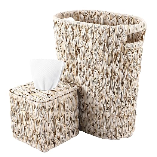 BSSN Wicker Trash Can & Square Tissue Box, Handwoven Waterproof Waste Basket with Handles, Wicker Home Set for Bedroom, Bathroom, Kitchen, Office, Balcony (Cream White)