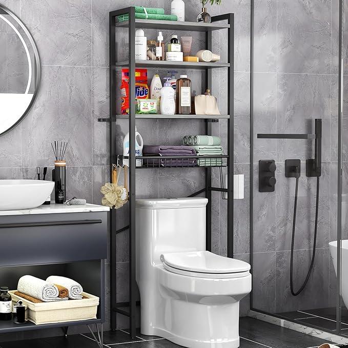 Over-The-Toilet Storage Rack, 4-Tier Bathroom Organizer Shelf Over Toilet with Adjustable Shelf and Basket, Freestanding Space Saver Bathroom Shelves Above Toilet for Room (Pure Gray) - ModernBath