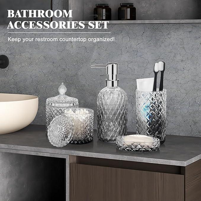 Bathroom Accessories Set, 5Pcs Bathroom Soap Dispenser Set, Glass Bathroom Accessories with Glass Soap Dispenser, Soap Dish, Toothbrush Holder, Tumbler, Qtip Holder - ModernBath