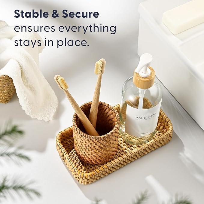 MaisoNovo Rattan Bathroom Set - Clear Countertop Dispenser, Toothbrush Holder & Toothpaste Cup with Tray - Set of 3 - Rattan Bathroom Vanity Trays Rectangle for Storage - ModernBath