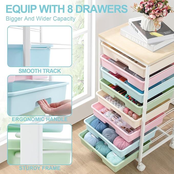 Rolling Storage Cart with Drawers,Utility Cart With 8 Drawers and Wooden Tabletop,Rolling Drawer Cart,Storage Drawer Cart for Living Room,Classroom,Bedroom,Bathroom,Dorm,Office,Rainbow - ModernBath