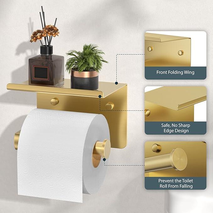 Toilet Paper Holder with Shelf, Adhesive or Screw Wall Mount Toilet Paper Roll Holder for Bathroom, 304 Stainless Steel Commercial Toilet Tissue Roll Dispenser with Phone Shelf (Brushed Gold) - ModernBath
