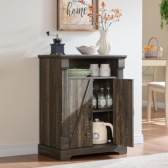 24" Farmhouse Storage Cabinet – Dark Rustic Oak Freestanding Buffet Sideboard with Barn Doors, Adjustable Shelf, Small Coffee Bar for Kitchen, Bathroom & Living Room - ModernBath