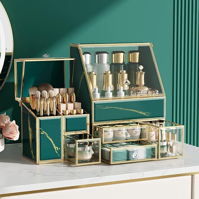 CoralHouse Makeup Organizer Green– Large Vanity Organizer for Skincare, Lipsticks, Perfume & Brushes – Countertop Cosmetic Storage Box for Women, Bathroom or Dresser. - ModernBath