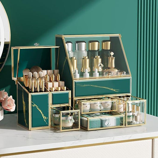 CoralHouse Makeup Organizer Green– Large Vanity Organizer for Skincare, Lipsticks, Perfume & Brushes – Countertop Cosmetic Storage Box for Women, Bathroom or Dresser. - ModernBath