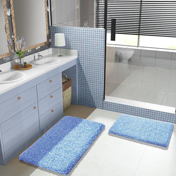 Yimobra Bathroom Rugs Non Slip Washable 36x24, Ultra Soft and Water Absorbent Bath Mats, Plush Fluffy Shower Mat Outside, Luxury Microfiber Thick Matts for Bathroom Floor/Tub, Blue and White - ModernBath