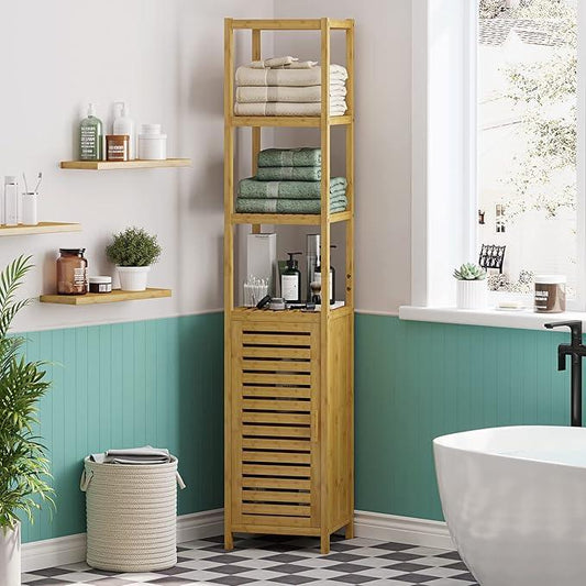 VIAGDO Storage Tall Slim Cabinet with Shutter Door and 3 Tier Shelves, Freestanding Linen Tower Cabinet for Living Room, Kitchen, Bathroom Organizer, Natural Bamboo - ModernBath