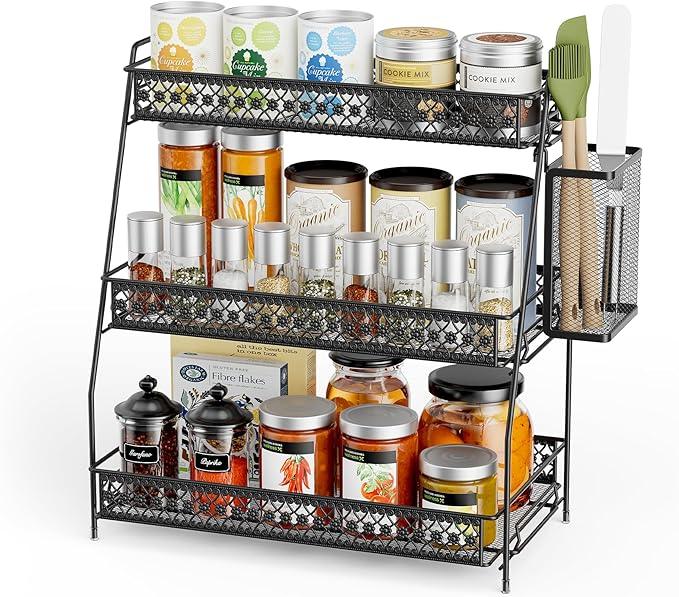 SILUB Vintage 3 Tier Spice Rack Organizer for Kitchen Counter, Bathroom Counter Organizer with Bonus Basket, 3 Tier Bathroom Counter Organizer for Spices Makeup Perfumes, Retro Countertop Organizer - ModernBath