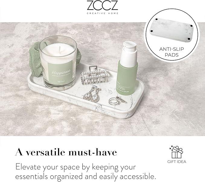 ZCCZ White Marble Bathroom Accessories Set 6 Pieces - Toothbrush Holder, Lotion Dispenser, Qtip Container, Vanity Tray, Tumbler - Countertop Organizer for Bathrooms - Elegant and Functional Décor Set - ModernBath