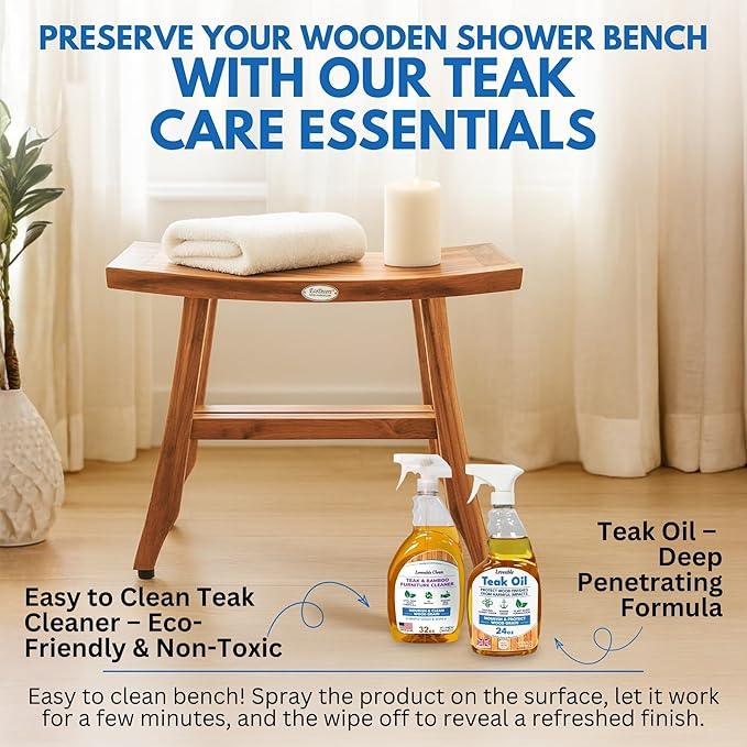 EcoDecors 24 Inch Satori Natural Teak Waterproof Teak Wood Shower Bench Stool Seat Chair for Inside Shower Provides Safety, Storage, and Organization for Bathroom Accessories - ModernBath