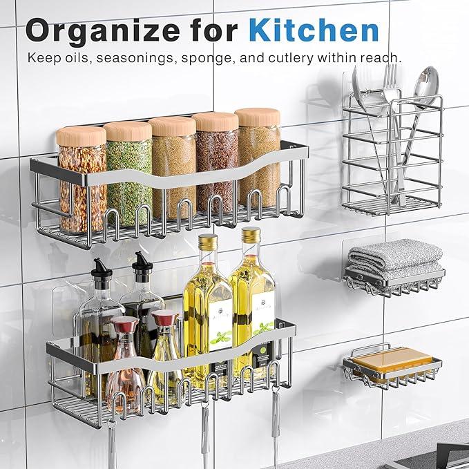 EUDELE 5-Pack Rustproof Stainless Steel Shower Caddy – No Drill Adhesive Bathroom Organizer with Large Capacity, Spacious Shower Shelves for Inside Shower, Kitchen & Home Decor Storage-XL Size - ModernBath