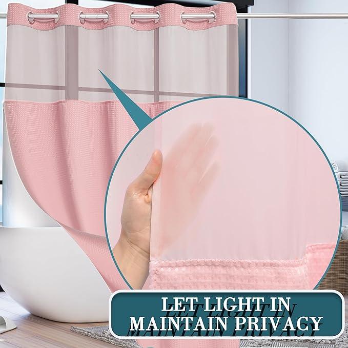 Conbo Mio No Hook Waffle Weave Shower Curtain with Snap in Liner Set, Hotel Luxury Pink Shower Curtains for Bathroom with See Through Top Window, Waterproof, Washable 71W x 74H - ModernBath