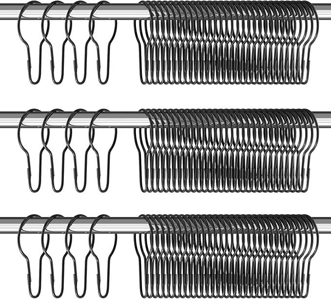 Geetery 150 Pcs Metal Shower Curtain Hooks Rust Proof Reusable Shower Curtain Hangers Multi Functional Stainless Steel Shower Curtain Rings for Bathroom Bedroom Kitchen (Black) - ModernBath