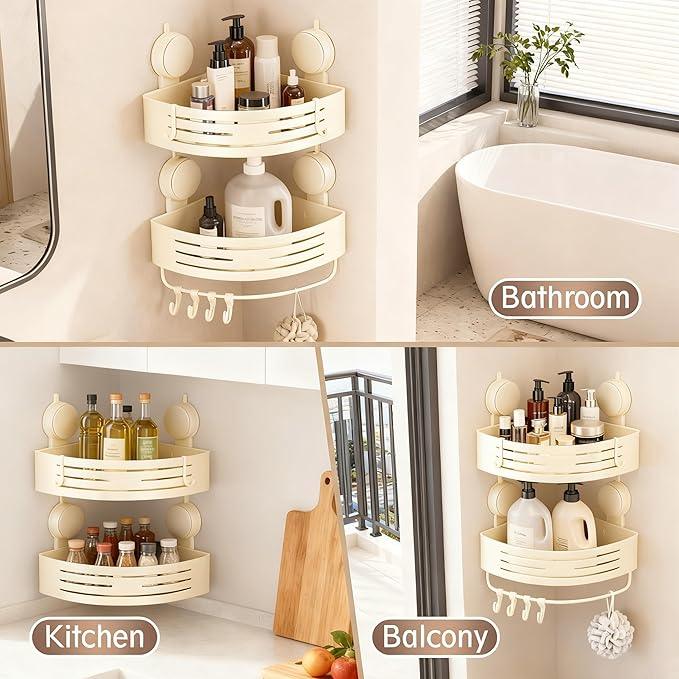 Structoline Corner Suction Cup Shower Caddy(2-Pack Cream White),No-Drilling Aluminum Shower Shelf with Towel Bar & Hooks,Removable Bathroom and Kitchen Storage Organizer - ModernBath