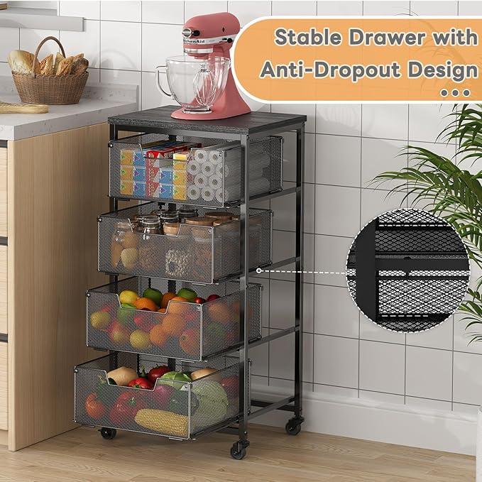 4-Tier Fruit Vegetable Storage Cart - Kitchen Organizer and Storage Cart with Wheels, Wooden Top Metal Wire Fruit Vegetable Rack Stand with Drawers to Storage Cans Snacks for Kitchen(Patent Pending) - ModernBath