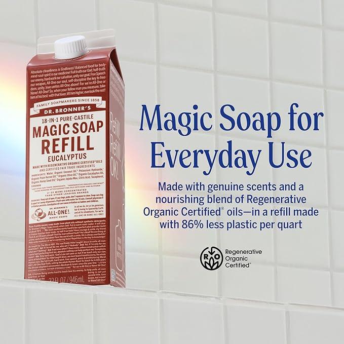 Dr. Bronner's Magic Soap-Pure-Castile Liquid Refill (Eucalyptus, 32 ounce, 2-Pack) - Regenerative Organic Certified Oils, For Body, Hair, Laundry, Pets & Dishes, Concentrated, Vegan, Non-GMO - ModernBath