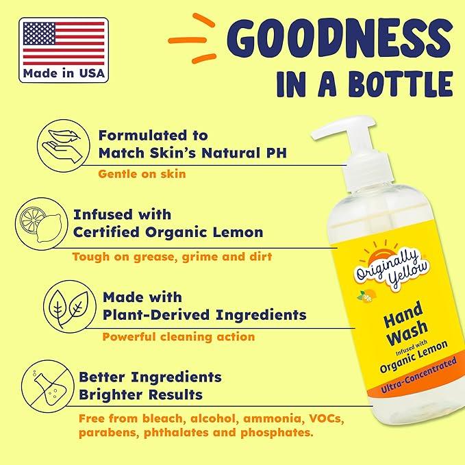 Originally Yellow Plant-Based Hand Soap All Natural Infused with Organic Lemon | Gentle Natural Hand Soap | Pet & Baby-Safe Soap, 16 Fl Oz (3-Pack) - ModernBath
