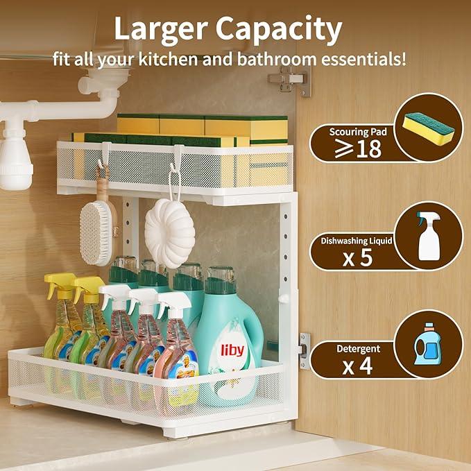 Under Sink Organizer 2 Pack, 2-Tier Slide Out Cabinet Organizer with Metal Sliding Drawer and Hooks, Pull Out Storage Baskets for Kitchen Bathroom Pantry Cabinet Organization (White) - ModernBath