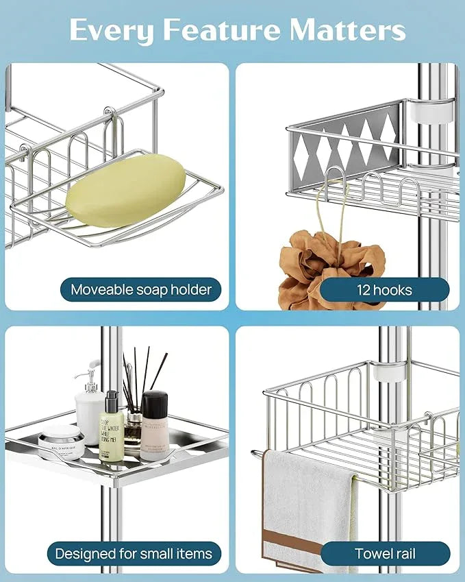 SElRIONE Corner Shower Caddy Tension Pole, Quick Setup, Rust-Free Bathroom Shower Organizer Corner for Bathtub Shampoo Storage, 4-Tier Adjustable Shelf, Drill Free, Fits 34 to 116 Inch Height - ModernBath