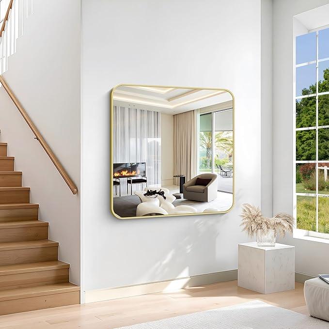 CIVENO Gold Bathroom Mirror, 42x42 Inch Metal Framed Square Mirror, Rounded Corner Gold Vanity Mirror, Large Wall Mounted Mirrors for Living Room Bedroom Entryway Hangs Horizontal or Vertical - ModernBath