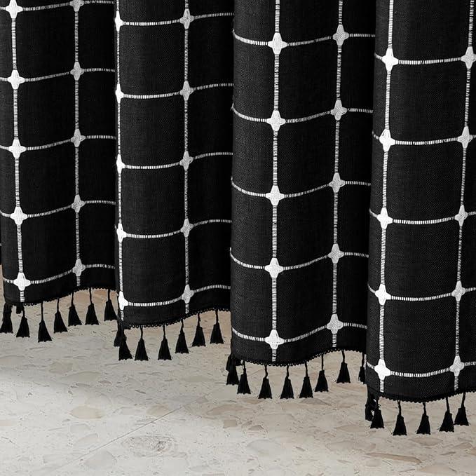 MitoVilla No Hooks Needed Boho Farmhouse Shower Curtain with Snap-in Liner, Cotton Linen Fabric Shower Curtains with Tassels for Rustic Neutral Bathroom Decor, Black and White, 72 x 74 - ModernBath