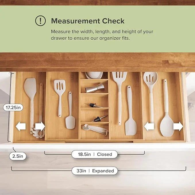 KitchenEdge Adjustable Kitchen Drawer Organizer for Utensils and Junk, Food-Safe Contract Grade with 100% Sustainable Wood, Expandable from 19 to 33 Inches Wide - Natural Bamboo - ModernBath