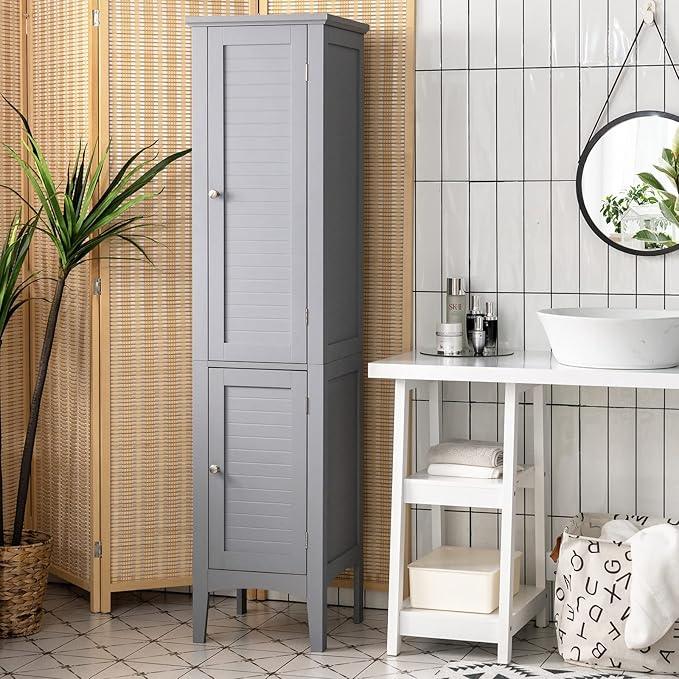 Tangkula Tall Bathroom Storage Cabinet, 5-Tier Wooden Freestanding Tower Cabinet Floor Organizer, Narrow Storage Floor Cabinet w/2 Doors & Shelves for Bathroom Living Room Kitchen (Grey) - ModernBath