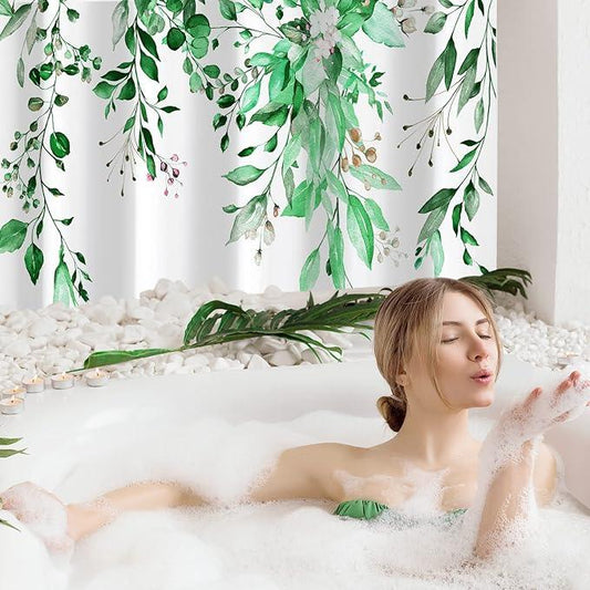 Gibelle Emerald Green Eucalyptus Shower Curtain, Watercolor Plant Leaves with Floral Bathroom Shower Curtain Set, 72x72 - ModernBath