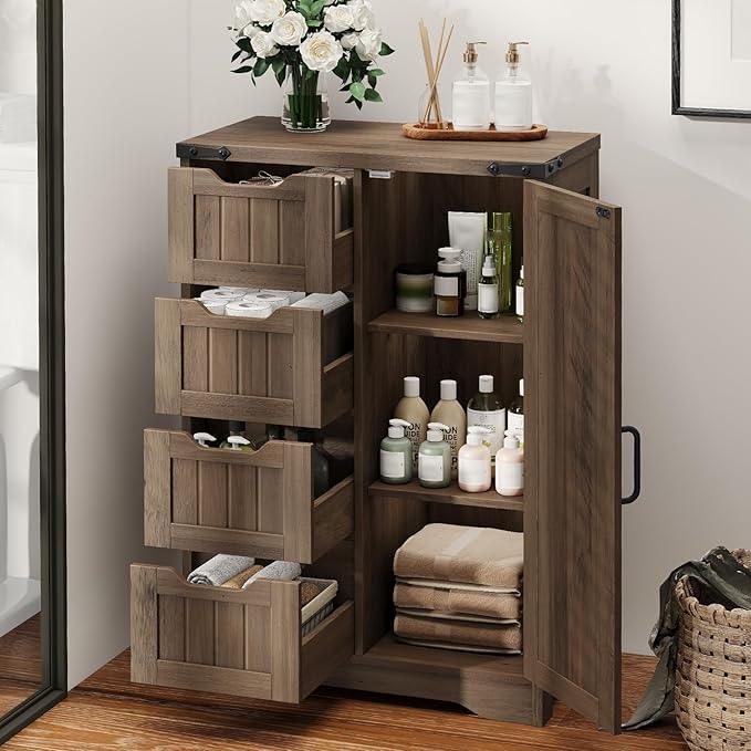 Vabches Farmhouse Bathroom Cabinet, Freestanding Storage Cabinet with 4 Drawers and 1 Door, Rustic Storage Organizer with Adjustable Shelf for Bathroom, Living Room, Entryway, Grey - ModernBath