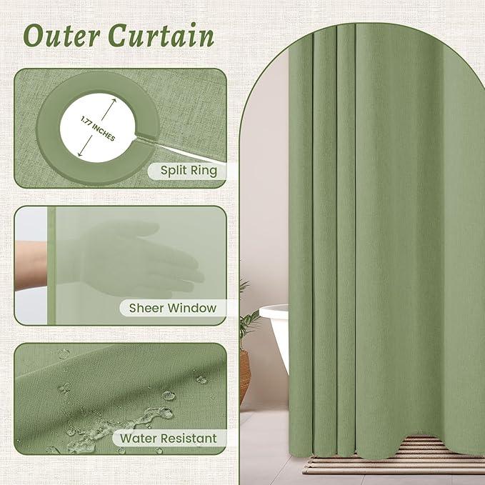 WONICY Extra Long No Hook Shower Curtain with Snap in Liner, Polyester Textured Shower Curtain with Liner Set, Waterproof Washable Hotel Style Shower Curtains for Bathroom, 71Wx86H, Sage Green - ModernBath