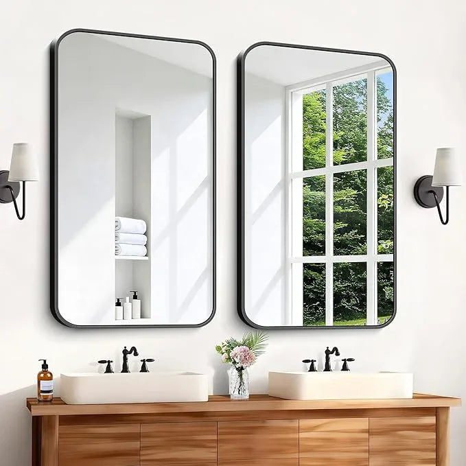 CIVENO Black Bathroom Mirror, 28x42 inch Aluminum Metal Frame Rectangular Vanity Mirror, Wall Mounted Rectangle Mirrors with Rounded Corner for Bedroom Living Room Hangs Horizontal Or Vertical - ModernBath