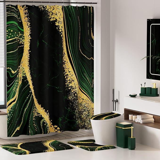 25PCS Bathroom Accessory Set, Dark Green Bathroom Set with Large-Capacity 4 Gallon Trash Can,Bathroom Rugs Set, Waterproof Shower Curtain, Toilet Brush, Toothbrush Holder & Soap Dispenser - ModernBath