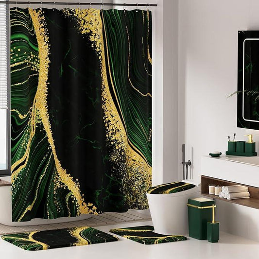 25PCS Bathroom Accessory Set, Dark Green Bathroom Set with Large-Capacity 4 Gallon Trash Can,Bathroom Rugs Set, Waterproof Shower Curtain, Toilet Brush, Toothbrush Holder & Soap Dispenser - ModernBath