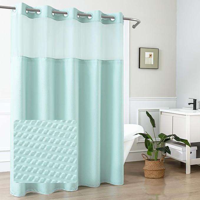 Mrs Awesome No Hook Shower Curtain with Snap-in Liner, Embossed Waffle Design Fabric Shower Curtain for Bathroom, Soft & Lightweight, 71x74, Sky Blue - ModernBath