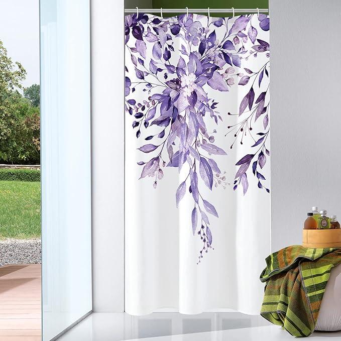 Gibelle Small Stall Shower Curtain 36 x 72, Narrow Purple Floral Shower Curtain for Bathroom, Watercolor Plant Eucalyptus Leaves Fabric Shower Curtain Set - ModernBath